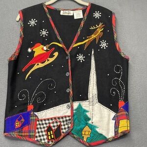 Vtg Ashley Hill Christmas Vest Ugly Sweater‎ Wool Embellished Santa Reindeer